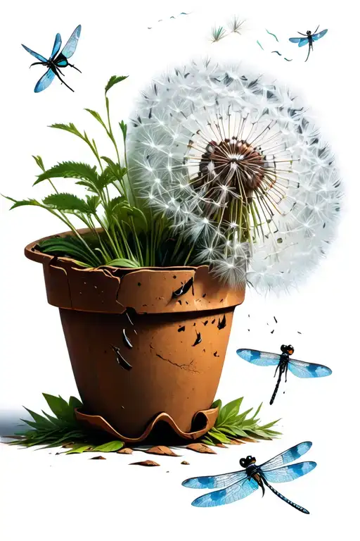 Broken Flower Pot Overflowing And One Dandelion Blowing Turning Into Dragon Flies Real Lookim