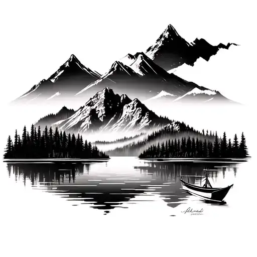 Black And White Shoulder Halve Sleeve Tattoo Design Combining Mountain Lake And Nautical Themes
