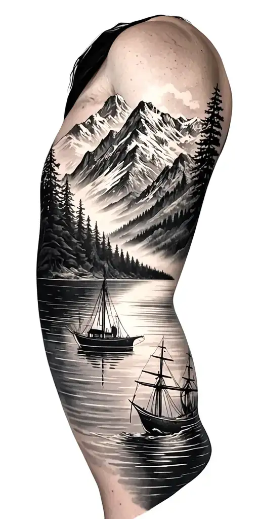 Black And White Shoulder Halve Sleeve Tattoo Design Combining Mountain Lake And Nautical Themes