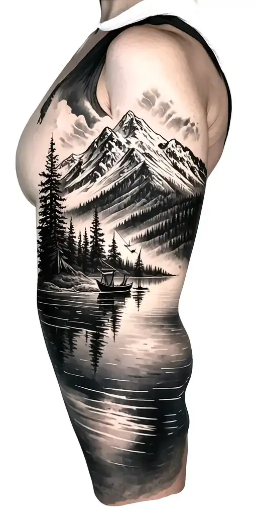Black And White Shoulder Halve Sleeve Tattoo Design Combining Mountain Lake And Nautical Themes