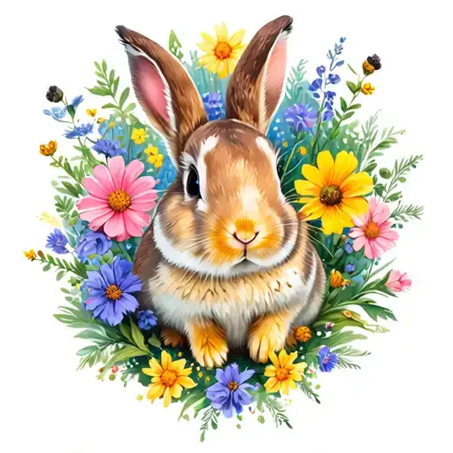 Wildflowers And Cottontail Bunny Rabbit