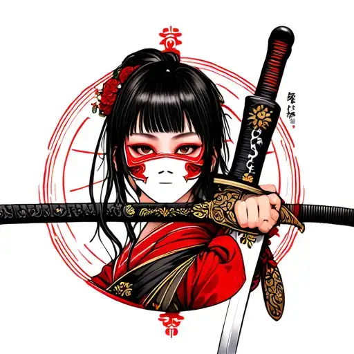Pretty Japanese Girl Holding A Sword With Half Mask