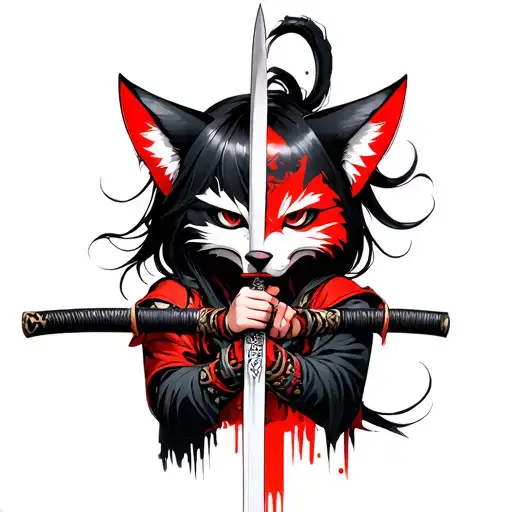 Half Undead Japanese Girl Holding A Sword With Half Kitsune Mask