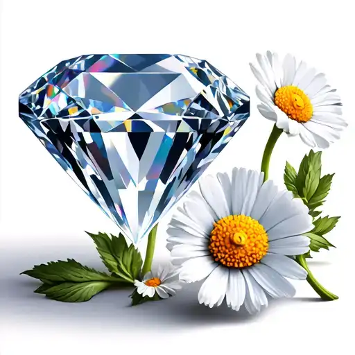 Diamond Laying On Its Side With 2 Daisies And One Poppy Lying Next To It