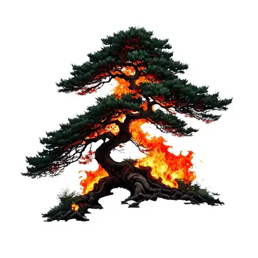 Japanese Red Maple Tree Merging Into Burning Flames On Top