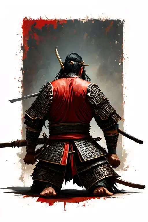 Side View Of Samurai Warrior Kneeling Stabbed In The Back