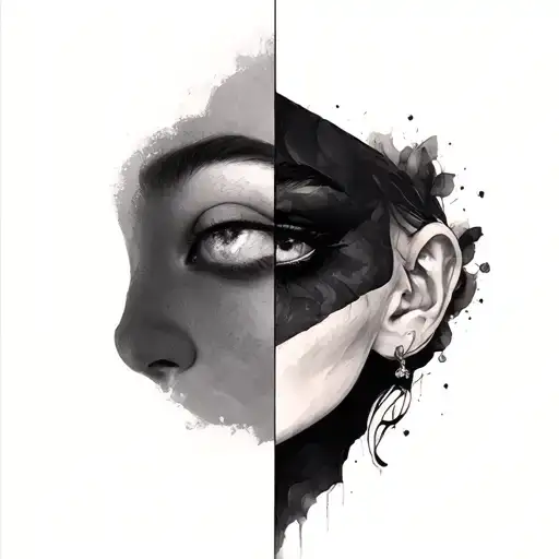 Half Women's Face With A Cavera Face Realistic Dark Background