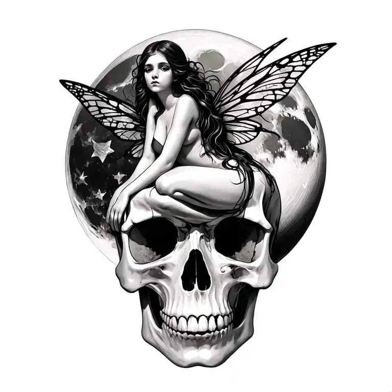 Fairy Sitting On A Skull With Moon Backdrop