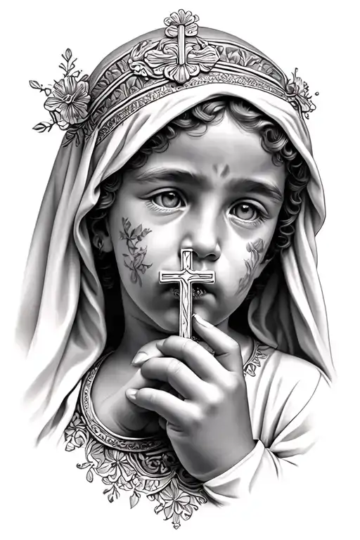Virgin Del Carmel Shushing With The Child Putting A Cross Up To His Lips
