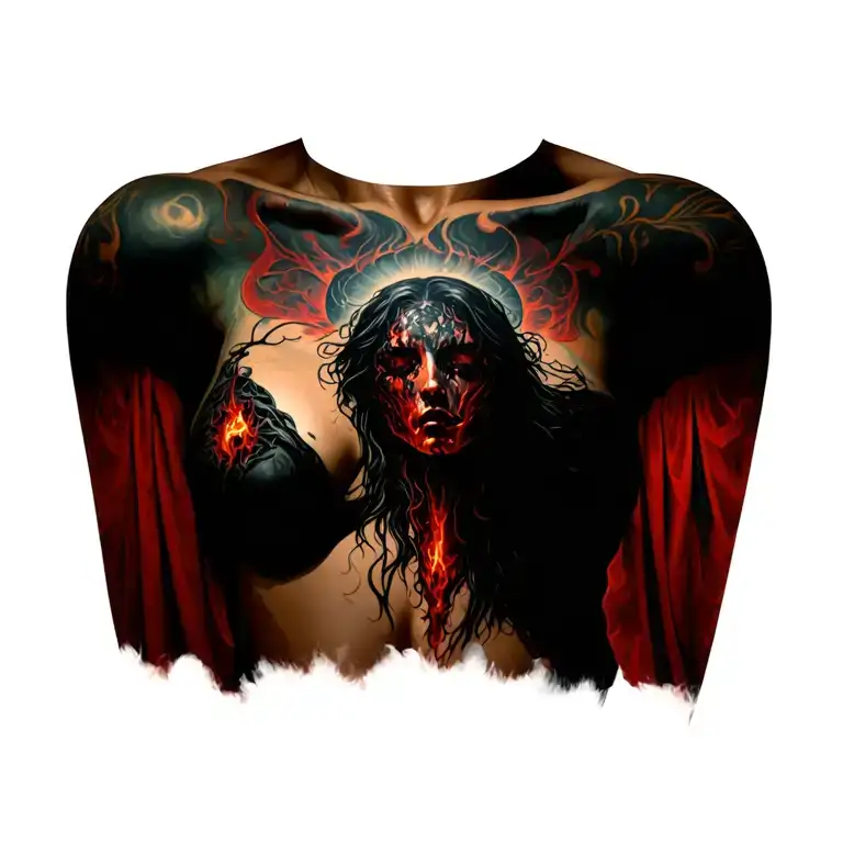 Make An Illustration Of A Tattoo Of Dante's Hell In The Middle Of A Woman's Breasts