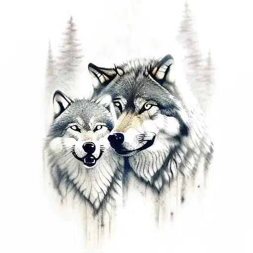 Older Wolf Looking At Younger Wolf In A Pond