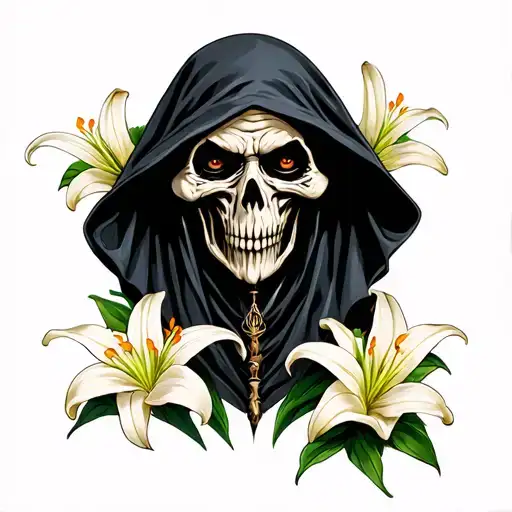 Grim Reaper With Lillies Disinigrateing Sad Face