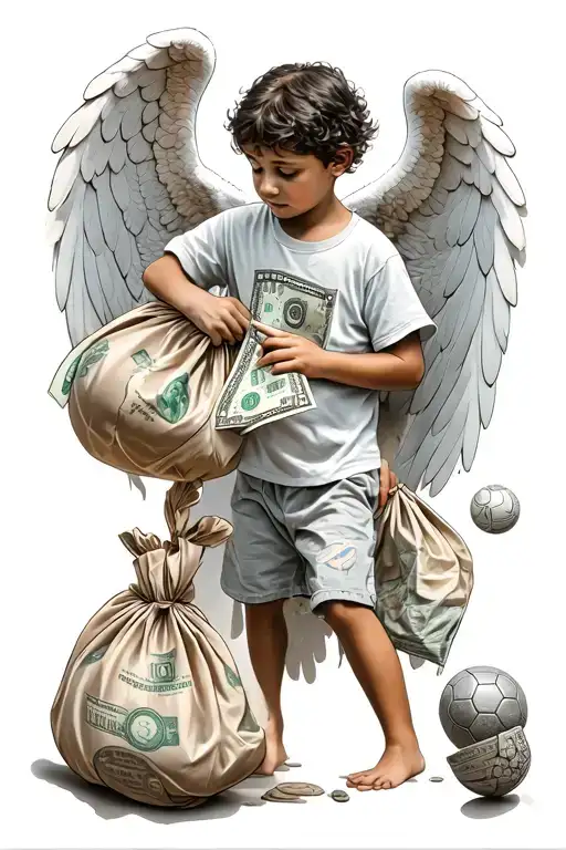 Angel Holding Bag Of Money With Boy Playing Ball In Favela Below