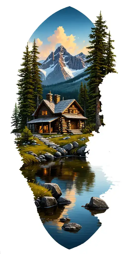 Mountain Landscape With Log Cabin And Pond