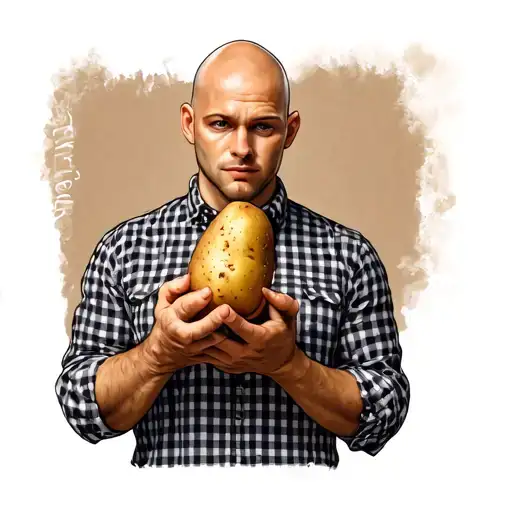 Bald Man Holding Potatoe In Checkered Shirt
