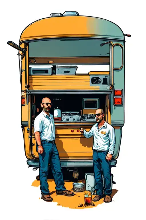 Walter White And Jesse Pink Man Looking With Behind The Caravan Where They Used To Cook