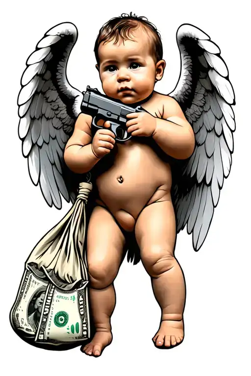 Baby Angel Holding Bag Of Money And A Gun