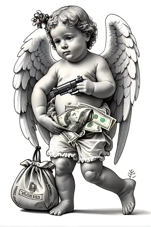 Baby Angel Holding Bag Of Money And A Gun
