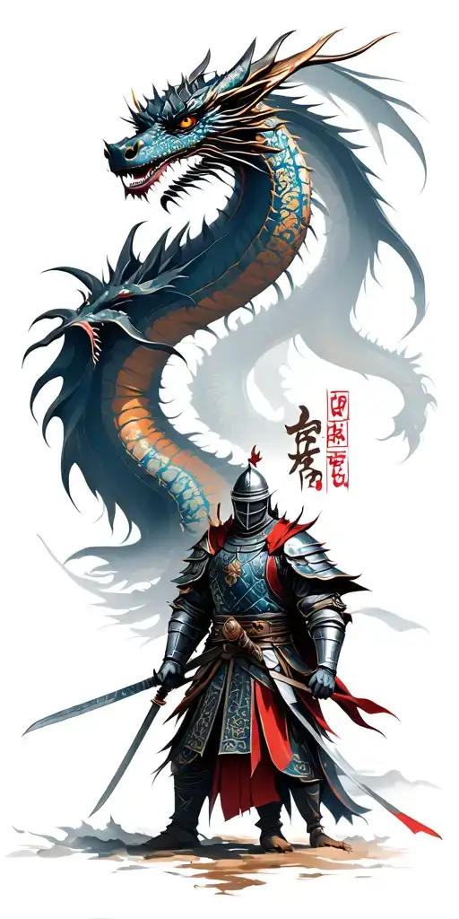 Knight Versus Samurai With Fantasy And Eastern Dragons