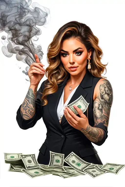 Female Boss Lady Counting Money With Smoke Rising
