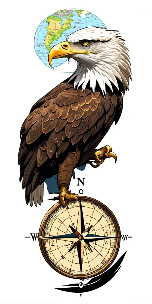 Eagle Head With Compass And Map In Background