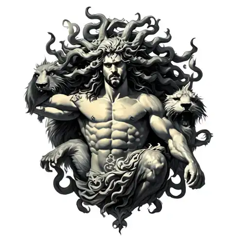 The Hercules Fighting Cerberus Mythology Scene With Medusa At The Top That Covers The Shoulder