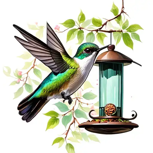 Hummingbird And Bird Feeder And Tree Intertwined