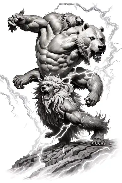 Zeus God Fighting Giant Bear With Lightning