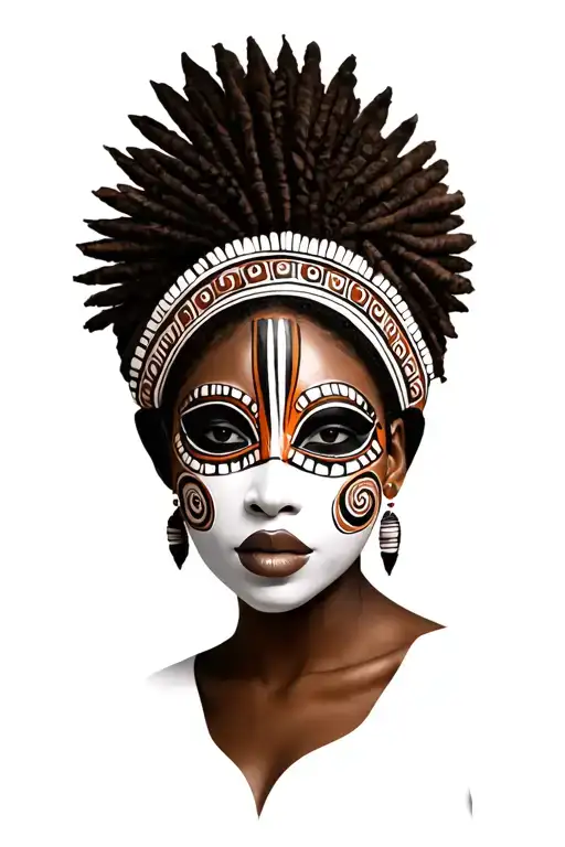 Woman In African Tribal Mask And Head Dress