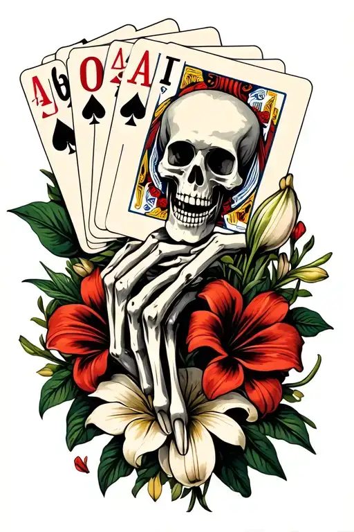 Lillies And Other Flowers Surrounding Skeleton Hand Holding Royal Flush Of Playing Cards
