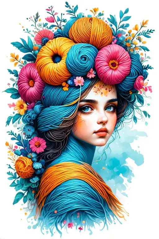 Female Face With Yarn Exploding From Top Of Head Surrounded By Flowers