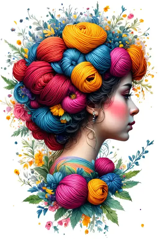 Female Face Side Profile With Yarn Exploding From Top Of Head Surrounded By Flowers