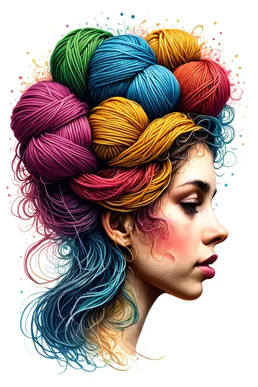 Female Face Side Profile With Yarn Exploding From Top Of Head Depicting Tangled Thoughts