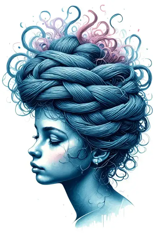 Female Face Side Profile With Yarn Exploding From Top Of Head Depicting Tangled Thoughts