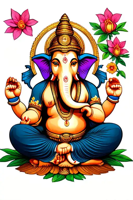 Ganesha Sitting On Ground With Spiritual Tattoo Design