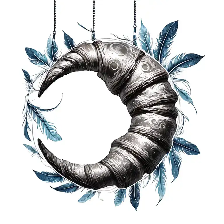 Moon Croissant Polynesian Tattoos Version Dream Catch With Five Feathers Hanging