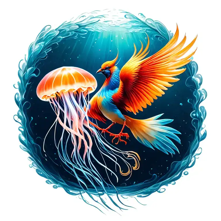 Jellyfish And Phenix Bird Flying