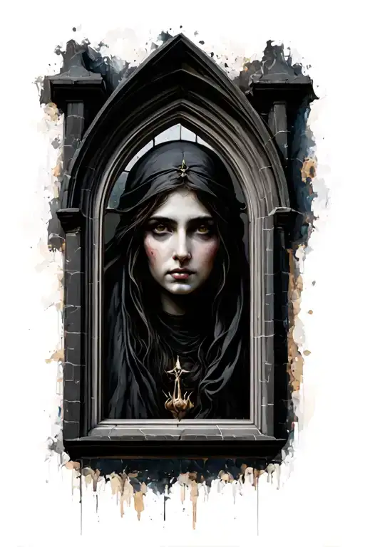 Gothic Church Window With A Woman Face Inside Surrounded