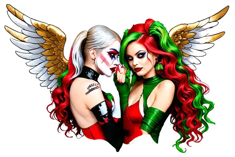 Harley Quinn And Poison Ivy Doing A Pinky Promise While Harley Quinn Has Gold And White Angel Wings