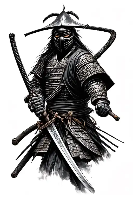 Samurai With Katana In Mask Black And White Tattoo Sketch Simple