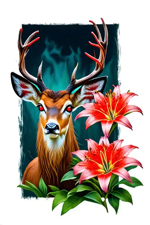 Red Spider Lily And Deer With Red Eyes