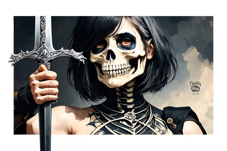 Short Haired Woman With Half Of Her Face Looking Like A Skeleton Holding A Sword