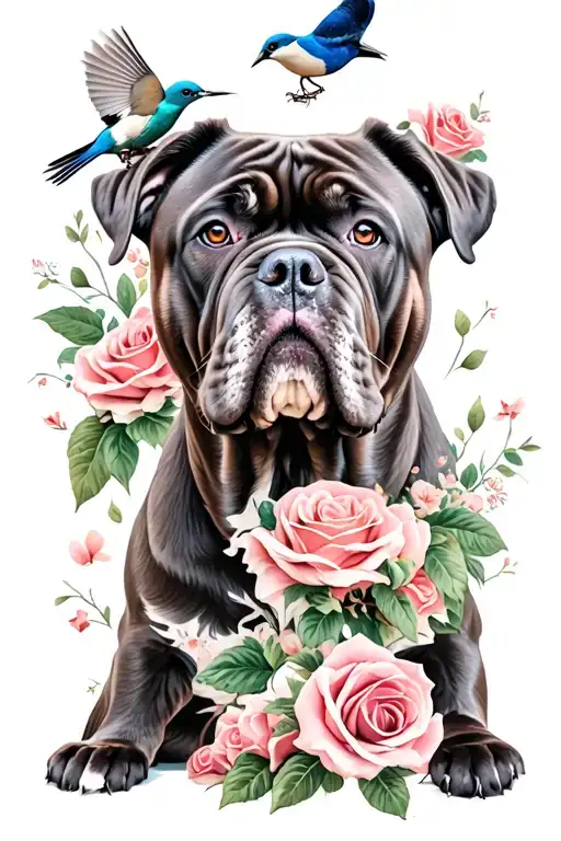 Cane Corso Dog With Roses And Birds