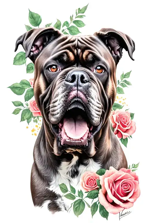 Angry Cane Corso Dog With Roses