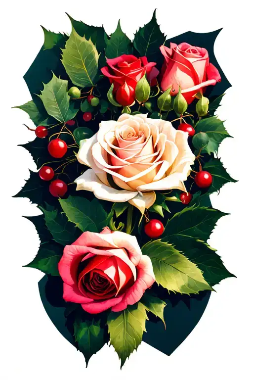 Roses Cosmo Holly Berries Bouquet