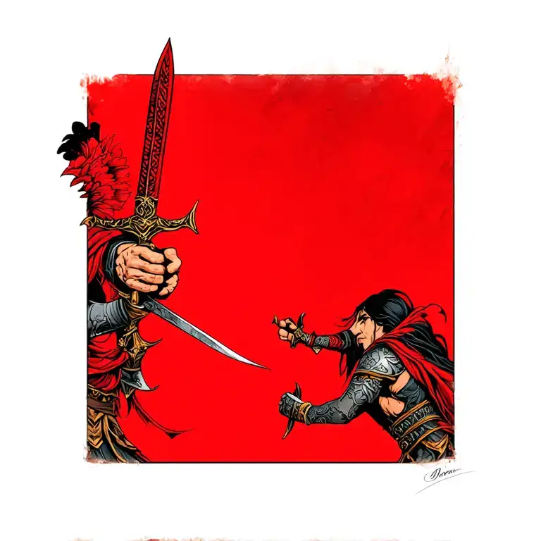 Tattoo Design With Warrior Who Holds A Sword In Hand In Hand