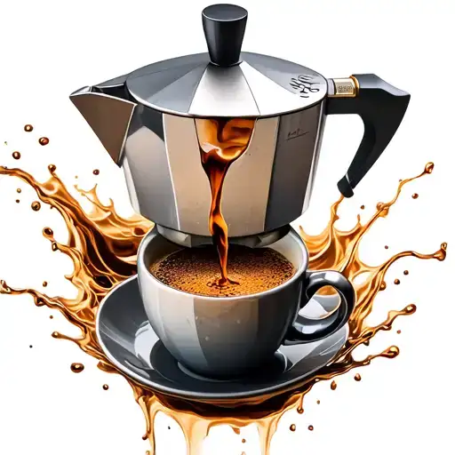 A Moka Pot Pouring Coffee Into A Cup Floating