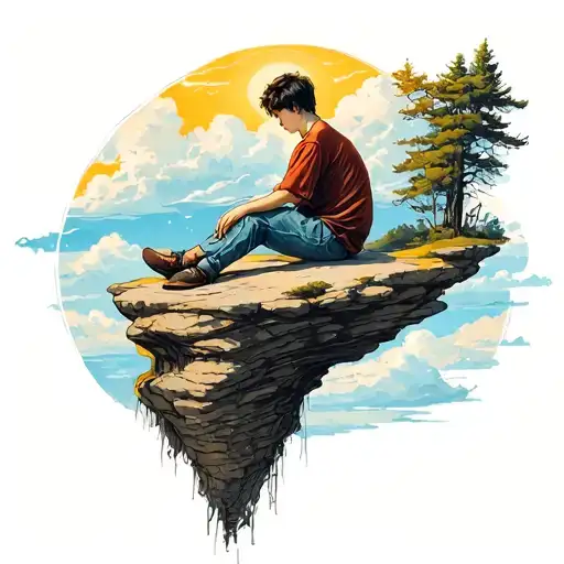Melancholic Boy Sitting On A Cliff And Sky Sunnshine