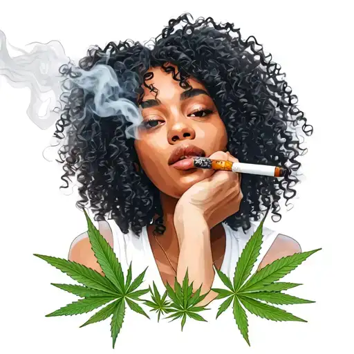 Curly Hair Light Skin Black Woman Smoking Joint With Weed Leaves Around The Bottom