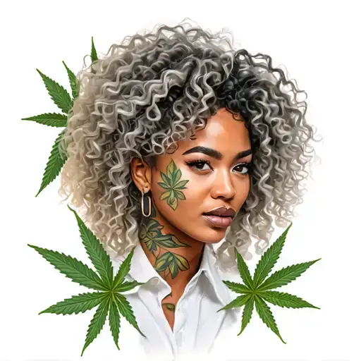 Curly Hair Light Skin Black Woman With Weed Leaves Around The Bottom